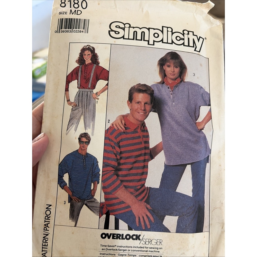 Vintage 1987 Simplicity Sewing Pattern Unisex Henley Top 8180 Med Uncut